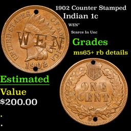 1902 Indian Cent Counter Stamped 1c Grades Gem+ RB Details