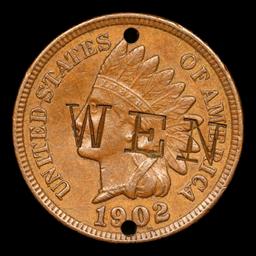 1902 Indian Cent Counter Stamped 1c Grades Gem+ RB Details
