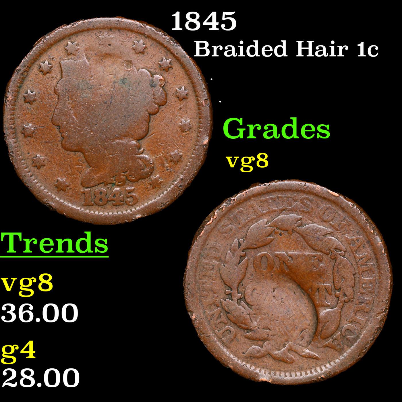 1845 Braided Hair Large Cent 1c Grades vg, very good