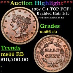 ***Auction Highlight*** 1857 Braided Hair Half Cent C-1 TOP POP! 1/2c Graded ms66 rb By SEGS (fc)