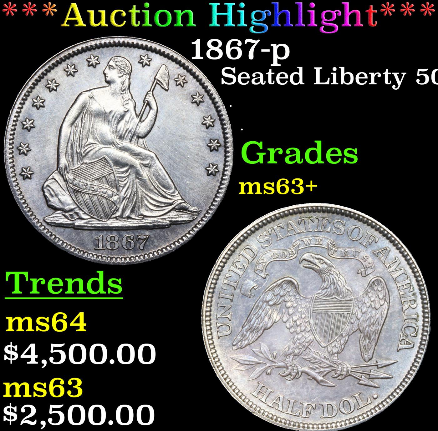 ***Auction Highlight*** 1867-p Seated Half Dollar 50c Graded Select+ Unc BY USCG (fc)