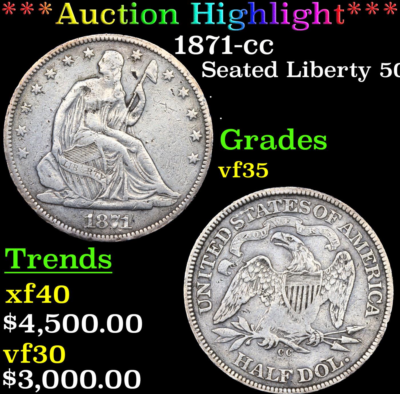 ***Auction Highlight*** 1871-cc Seated Half Dollar 50c Graded vf35 By SEGS (fc)
