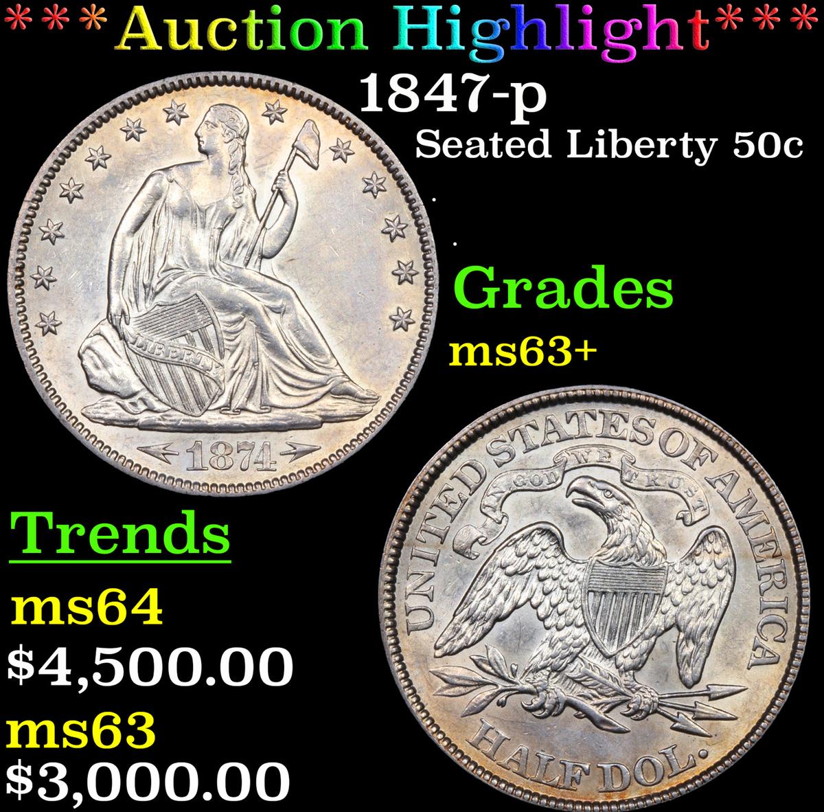 ***Auction Highlight*** 1847-p Seated Half Dollar 50c Graded ms63+ BY SEGS (fc)