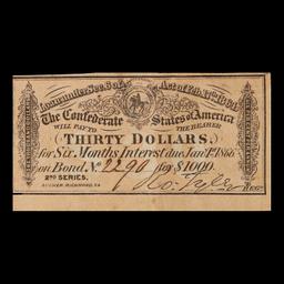 1864 Confederate States $30 Interest Note, 2nd Series Grades Choice AU/BU Slider