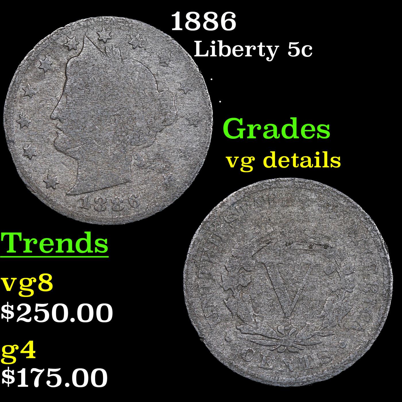 1886 Liberty Nickel 5c Grades vg details