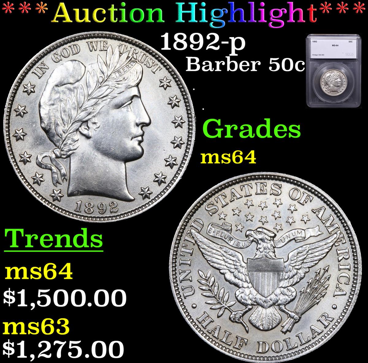 ***Auction Highlight*** 1892-p Barber Half Dollars 50c Graded ms64 By SEGS (fc)