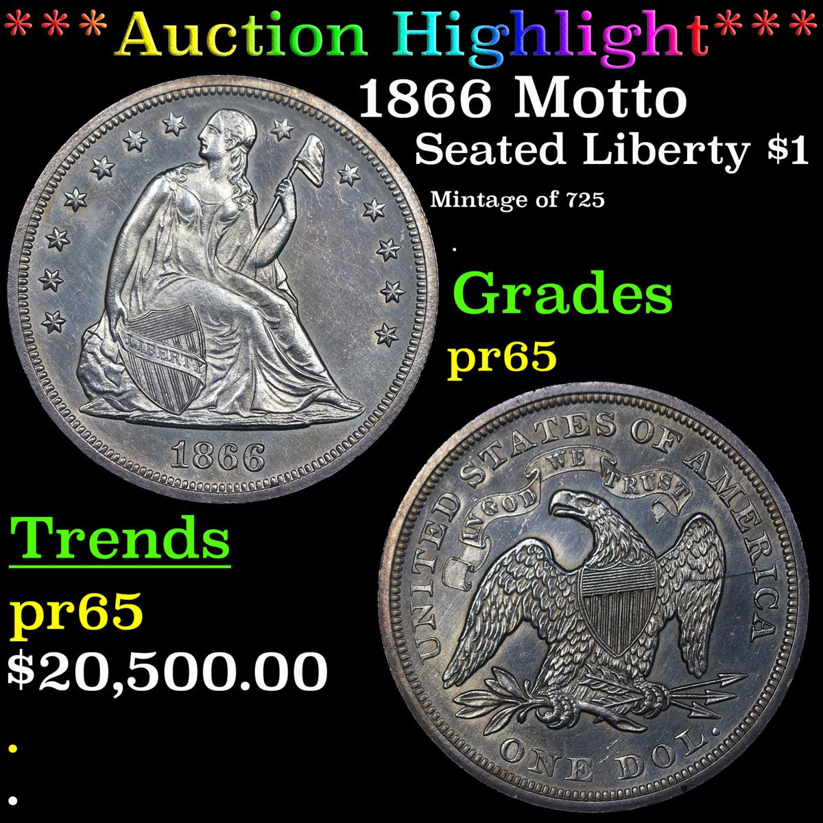 Proof ***Auction Highlight*** 1866 Motto Seated Liberty Dollar $1 Graded GEM Proof BY USCG (fc)