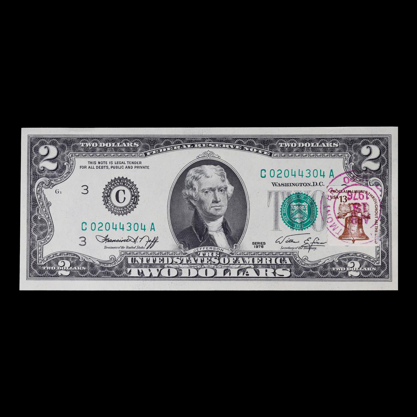 1976 $2 Federal Reserve Note 1st Day of Issue, with Stamp Grades Gem CU