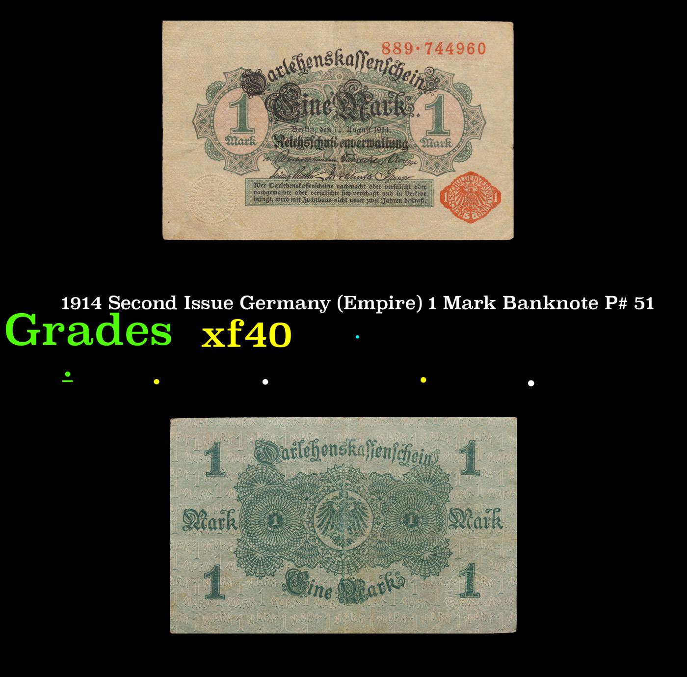 1914 Second Issue Germany (Empire) 1 Mark Banknote P# 51 Grades xf