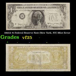 1963A $1 Federal Reserve Note (New York, NY) Mint Error Grades vf+