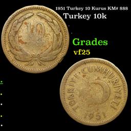 1951 Turkey 10 Kurus KM# 888 Grades vf+