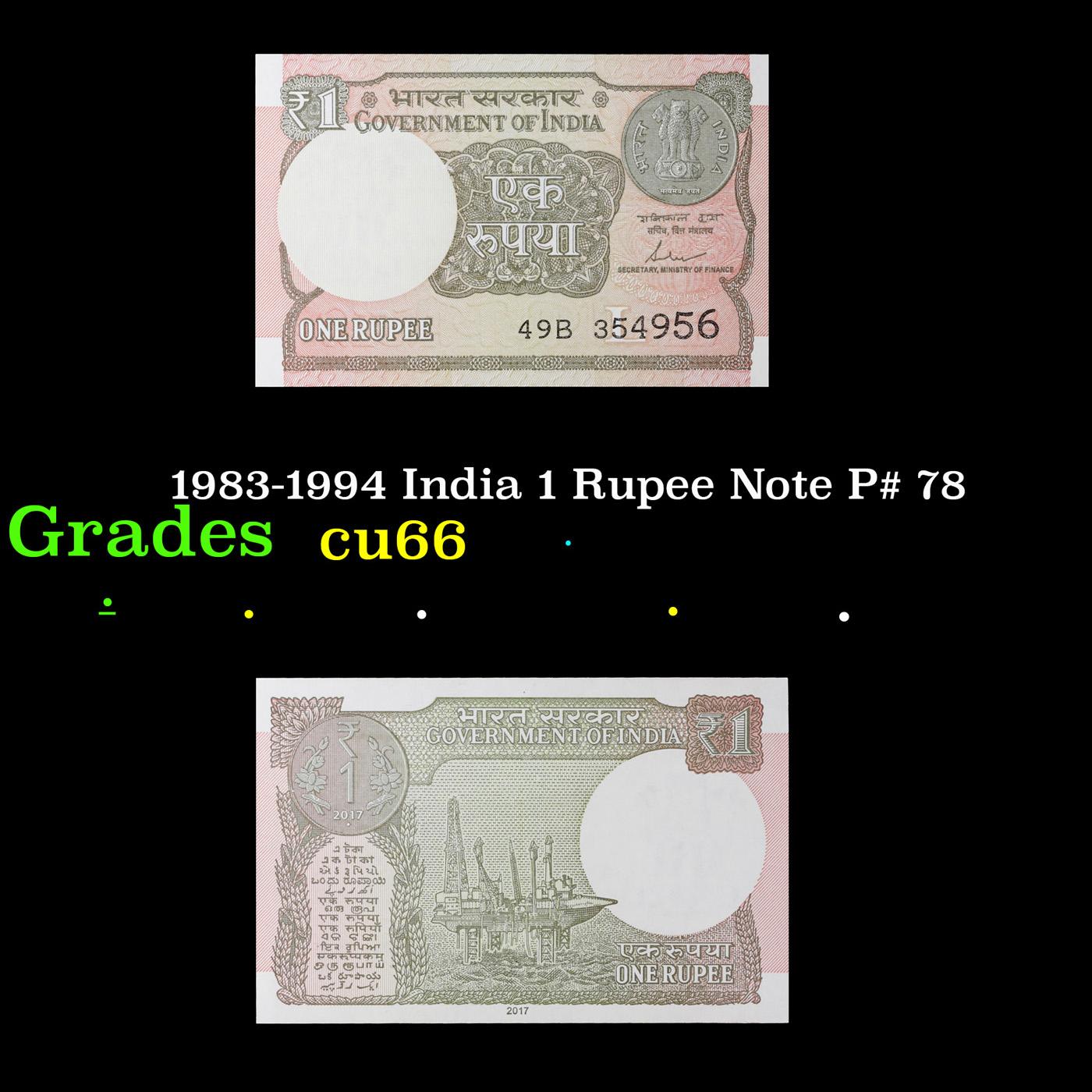 1983-1994 India 1 Rupee Note P# 78 Grades Gem+ CU