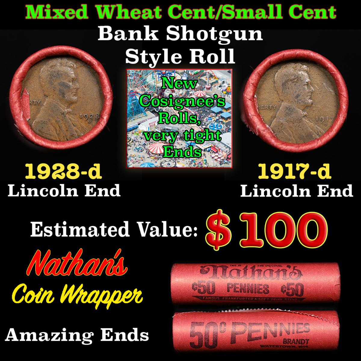 Mixed small cents 1c orig shotgun roll, 1928-d Lincoln Cent,1917-d Lincoln Cent other end, Nathan's