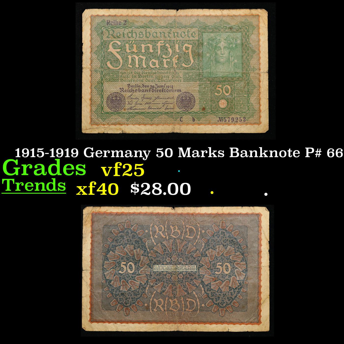 1915-1919 Germany 50 Marks Banknote P# 66 Grades vf+