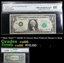 **Star Note** 1969D $1 Green Seal Federal Reserve Note Graded cu66 By CGA