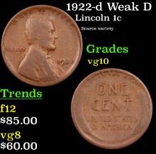 1922-d Weak D Lincoln Cent 1c Grades vg+