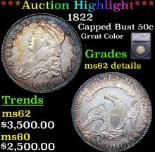 ***Auction Highlight*** 1822 Capped Bust Half Dollar 50c Graded ms62 details By SEGS (fc)