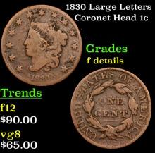 1830 Large Letters Coronet Head Large Cent 1c Grades f details