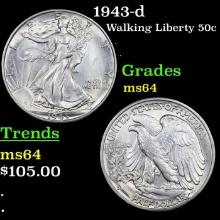 $ 1943-d Walking Liberty Half Dollar 50c Grades Choice Unc