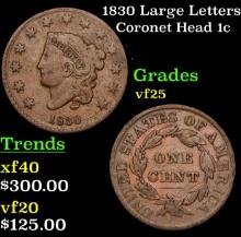1830 Large Letters Coronet Head Large Cent 1c Grades vf+