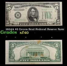 1934A $5 Green Seal Federal Reseve Note Grades xf