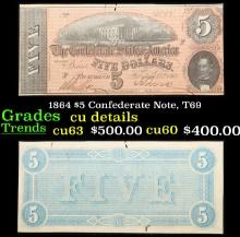 1864 $5 Confederate Note, T69 Grades cu details