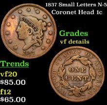 1837 Small Letters Coronet Head Large Cent N-5 1c Grades vf details