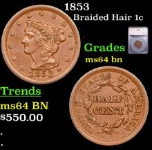 1853 Braided Hair Large Cent 1c Graded ms64 bn By SEGS