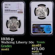 $ NGC 1936-p Walking Liberty Half Dollar 50c Graded ms61 By NGC