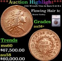+ ***Auction Highlight*** 1793 Wreath Vine & Bars Flowing Hair large cent S-10 R-4 1c Graded au53 By