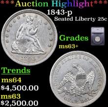 ***Auction Highlight*** 1843-p Seated Liberty Quarter 25c Graded ms63+ By SEGS (fc)