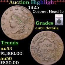 ***Auction Highlight*** 1825 Coronet Head Large Cent 1c Graded au53 details By SEGS (fc)