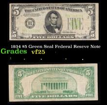 1934 $5 Green Seal Federal Reseve Note Grades vf+