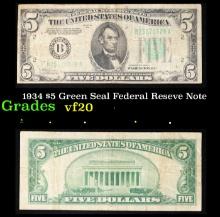 1934 $5 Green Seal Federal Reseve Note Grades vf, very fine