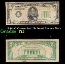 1934 $5 Green Seal Federal Reseve Note Grades f, fine