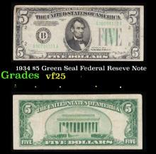 1934 $5 Green Seal Federal Reseve Note Grades vf+