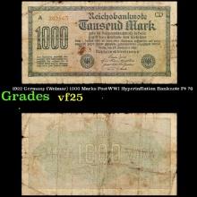 1922 Germany (Weimar) 1000 Marks Post-WWI Hyperinflation Banknote P# 76 Grades vf+