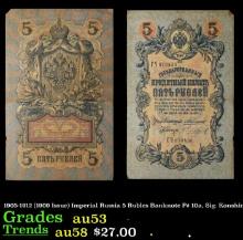 1905-1912 (1909 Issue) Imperial Russia 5 Rubles Banknote P# 10a, Sig. Konshin Grades Select AU