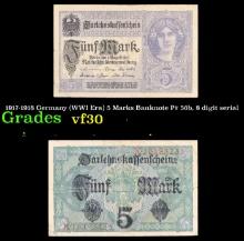 1917-1918 Germany (WWI Era) 5 Marks Banknote P# 56b, 8 digit serial Grades vf++