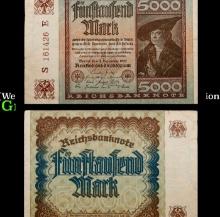 1922 Germany (Weimar) 5000 Marks Post-WWI Hyperinflation Banknote P# 81a Grades Select AU