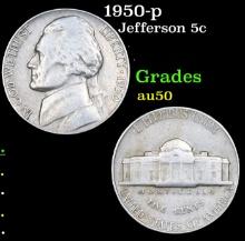 1950-p Jefferson Nickel 5c Grades AU, Almost Unc