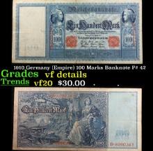1910 Germany (Empire) 100 Marks Banknote P# 42 Grades vf details
