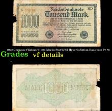 1922 Germany (Weimar) 1000 Marks Post-WWI Hyperinflation Banknote P# 76 Grades vf details