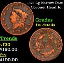1828 Lg Narrow Date Coronet Head Large Cent 1c Grades f+