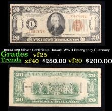 1934A $20 Silver Certificate Hawaii WWII Emergency Currency Grades vf+