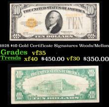 1928 $10 Gold Certificate Signatures Woods/Mellon Grades vf++