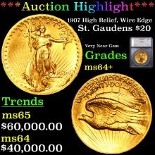 ***Auction Highlight*** 1907 High Relief, Wire Edge Gold St. Gaudens Double Eagle $20 Graded ms64+ B