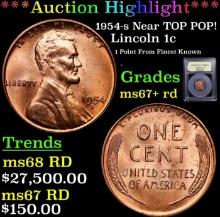 ***Auction Highlight*** 1954-s Lincoln Cent Near TOP POP! 1c Graded GEM++ RD By USCG (fc)