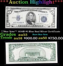 ***Auction Highlight*** **Star Note** 1934B $5 Blue Seal Silver Certificate Grades Select AU (fc)