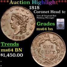 ***Auction Highlight*** 1818 Coronet Head Large Cent 1c Graded ms64 bn By SEGS (fc)
